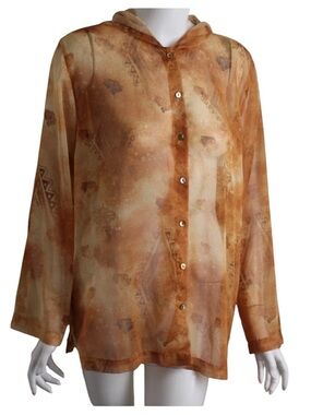 Chico's Sheer Button-Up Hooded Blouse in Burnt Peach